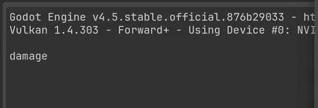 Godot Output panel showing the word "damage" printed after the enemy reaches the end of the path and queue_free is called.