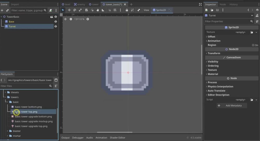 Godot editor showing the TowerBasic scene with Base and Turret children, the base sprite in the viewport, and the turret texture assigned from the towers graphics folder.