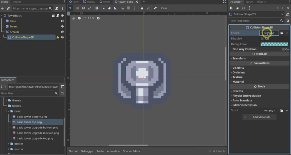 Godot editor showing Area2D and CollisionShape2D in the TowerBasic scene, with the Inspector configuring a CircleShape2D for the tower detection range.