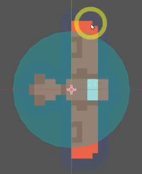 The Godot 2D viewport shows the tower sprite surrounded by a teal circular detection area, with an enemy ship inside the range, demonstrating that the Area2D is correctly detecting enemies.