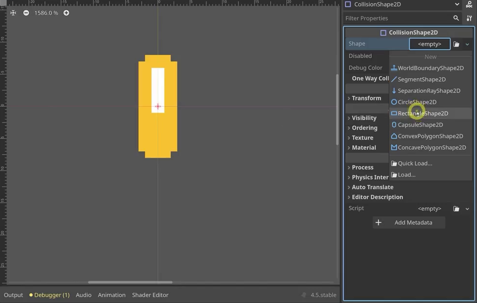 Godot Inspector showing the CollisionShape2D Shape dropdown with RectangleShape2D option, with the yellow bullet sprite visible in the 2D viewport.