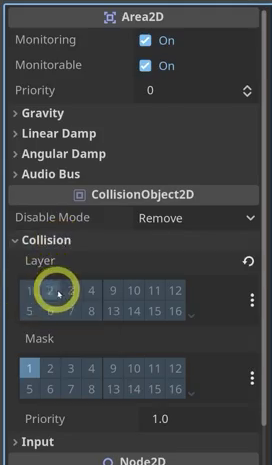 Inspector panel showing the bullet Area2D Collision Layer set to 2 and Mask set to 1.