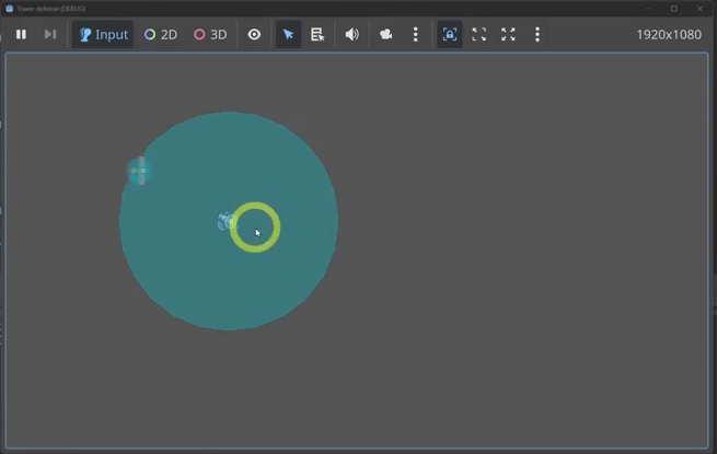 Running game showing a bullet colliding with an enemy inside the tower range circle.