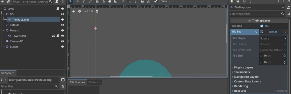 Godot Scene dock with BG/TileMapLayer and Inspector showing the new TileSet resource and 16x16 tile size.