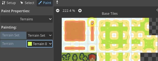 TileSet editor in Paint mode with red terrain marked across every land tile in the atlas.