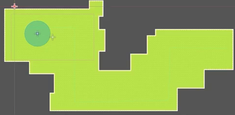 Godot 2D viewport showing a grass island painted onto the TileMapLayer using the autotile terrain.