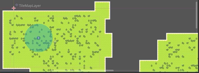 Grass island in the Godot viewport with sparsely scattered tree tiles after setting a low probability.