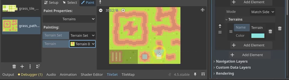 TileSet editor showing the grass_paths atlas and a new Match Sides terrain set with a blue terrain color.
