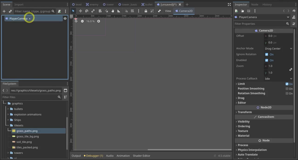 Godot Scene dock and Inspector showing the new PlayerCamera scene with a Camera2D root node.