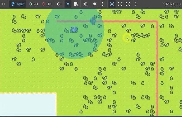 Running Godot game showing the island surrounded by a light blue water background color.