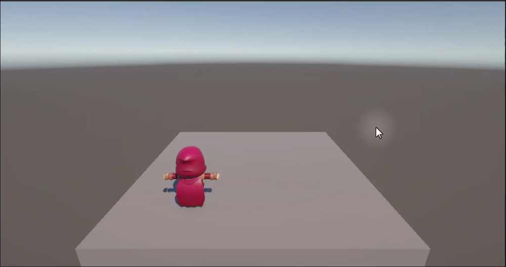 Unity Game view showing the player character always facing forward on a gray platform, illustrating the starting problem before rotation is implemented.