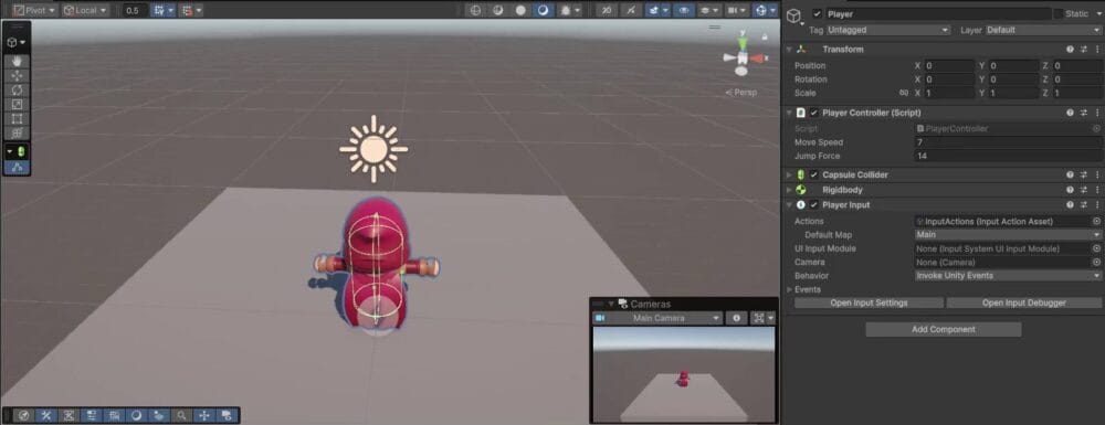 Unity Inspector panel showing the Transform component and Rotation fields of the Player GameObject, alongside the Scene view with the character on a platform.