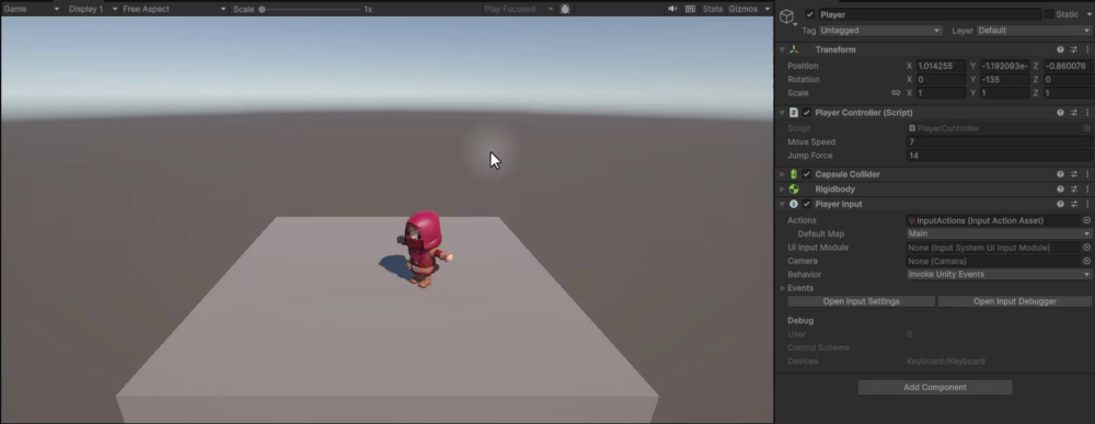 Unity game view with the player character rotated to face a diagonal direction, and the Inspector showing the updated Y rotation value after the first rotation implementation.