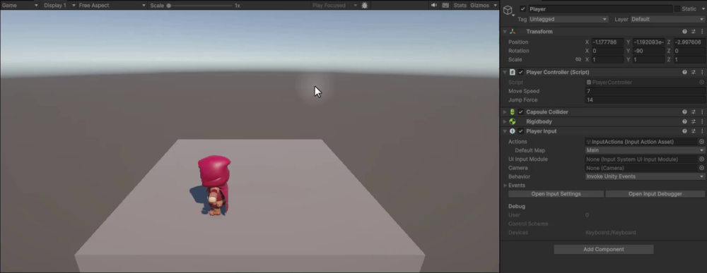 Unity game view showing the player character holding its last rotation facing left after releasing movement keys, with the Inspector confirming the rotation value is maintained.