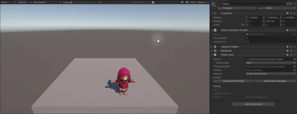 Unity game view in Play mode showing the player character with smooth rotation active, facing a diagonal direction confirmed by a non-snapped rotation value of approximately 176 degrees in the Inspector.