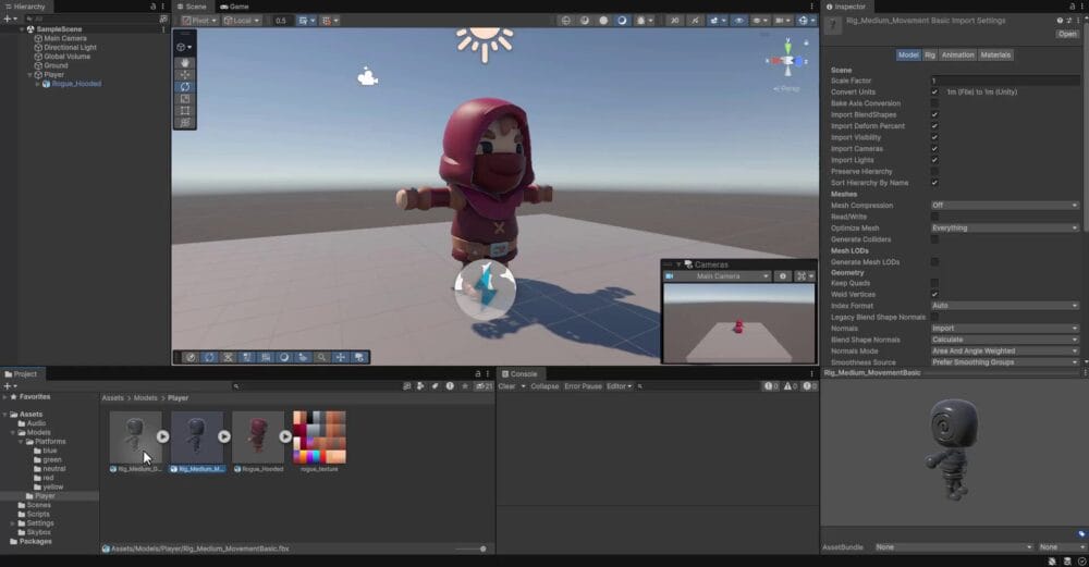 Unity Project window showing the Assets/Models/Player folder with the Rig_Medium_General and Rig_Medium_MovementBasics animation rig assets alongside the Rogue_Hooded player model.
