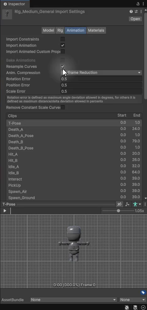Unity Inspector showing the Animation tab for Rig_Medium_General, listing clips such as Idle_A, Hit_A, and Spawn animations with their start and end frames, and a preview pane at the bottom.
