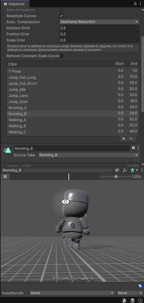 Unity Inspector showing the Animation tab for Rig_Medium_MovementBasics with the Running_B clip selected and previewed in the bottom panel, showing a humanoid figure in a running pose.
