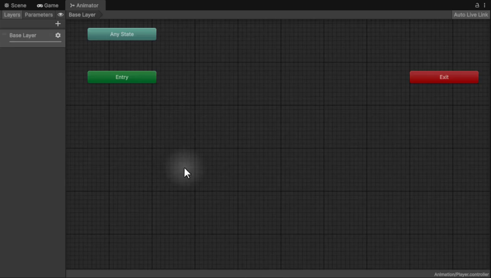Unity Animator window for the newly created Player controller, showing only the default Entry, Any State, and Exit nodes on an empty grid before any animation states have been added.