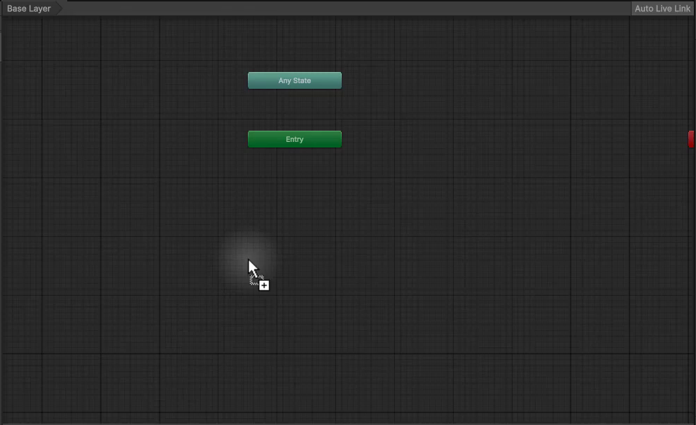 Unity Animator window showing the Running_B state as an orange node connected from the Entry node, indicating it is the default animation state that plays when the game starts.
