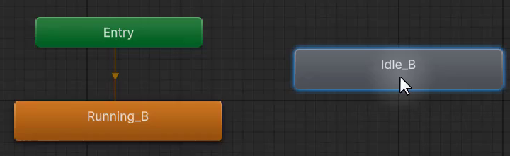 Unity Animator window showing two states: Running_B in orange (the current default) and Idle_B in grey (newly added but not yet set as default), with the Entry arrow still pointing to Running_B.