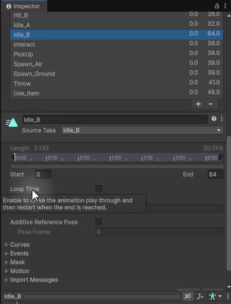 Unity Inspector showing the animation clip settings for Idle_B, with the Loop Time checkbox visible and unchecked. Enabling this makes the animation repeat continuously once it reaches its end.