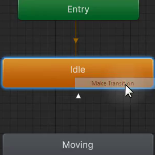 Unity Animator window showing the renamed Idle state (orange) and Moving state (grey) with a transition arrow being drawn from Idle to Moving.