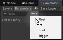 Unity Animator window with the Parameters tab open and the + dropdown showing parameter type options: Float, Int, Bool, and Trigger, with Bool about to be selected to create a Moving parameter.