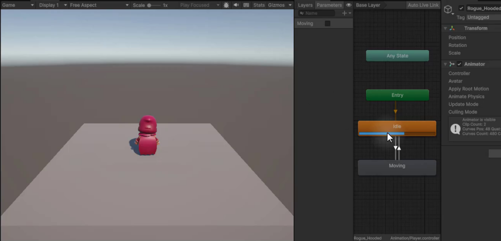 Unity Animator window in play mode showing the Idle and Moving states with bidirectional transition arrows, alongside the scene view with the Rogue_Hooded character standing on a platform.