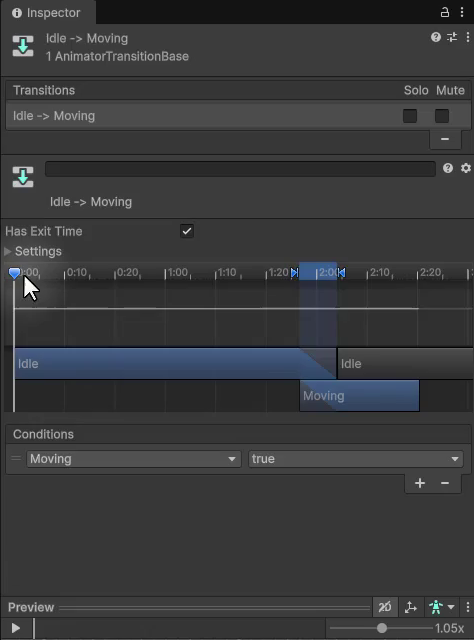 Unity Animator Inspector showing the Idle to Moving transition with Has Exit Time checked, before the setting is disabled.