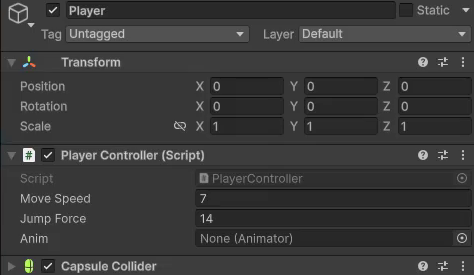 Unity Inspector showing the Player Controller script component with the Anim field set to None, ready to have the 3D model assigned.