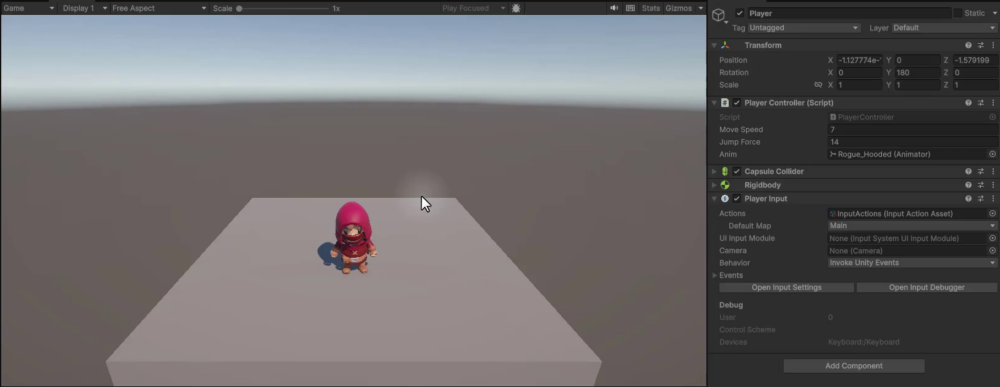 Unity Game view showing the 3D character on a platform, with the Inspector confirming the Anim field is assigned to Rogue_Hooded and movement animations are active.