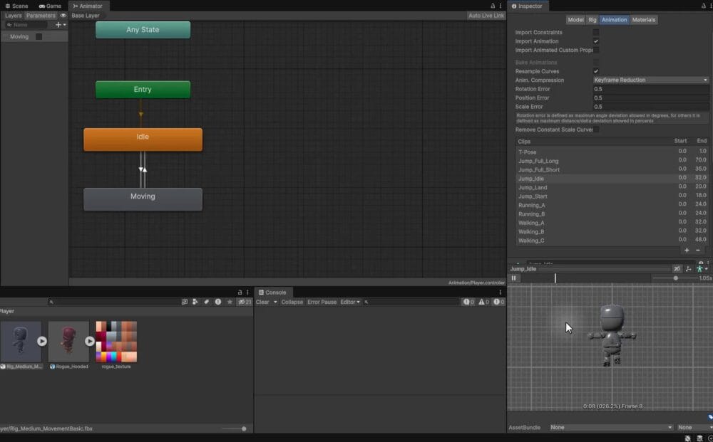 Unity Animator window showing the state machine with the Jump_Idle animation clip selected in the Project panel, ready to be dragged in as a new Jump state.