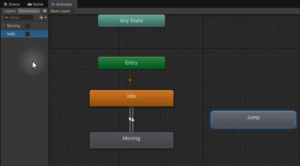 Unity Animator window showing the state machine with Idle, Moving, and Jump states, alongside the Parameters panel listing the InAir boolean parameter.