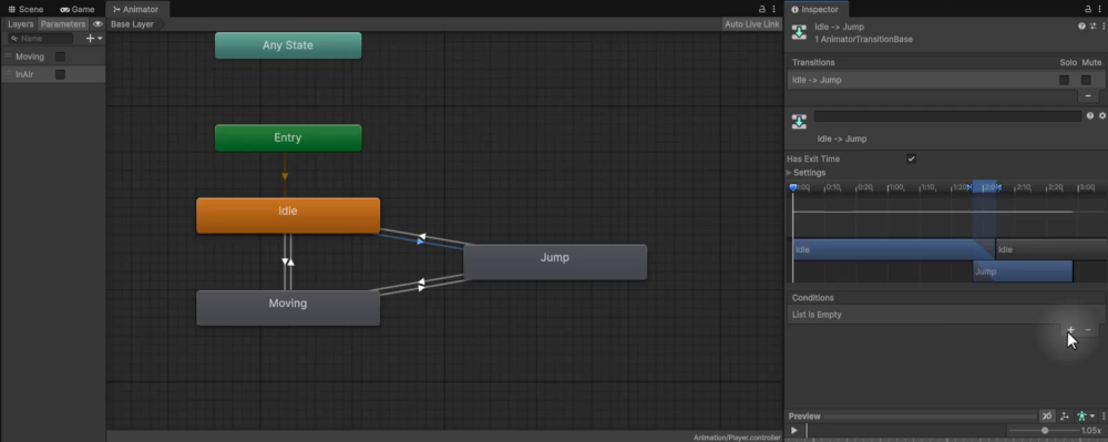 Unity Animator window showing the state machine with transitions between Idle, Moving, and Jump states, with the Idle to Jump transition selected in the Inspector.