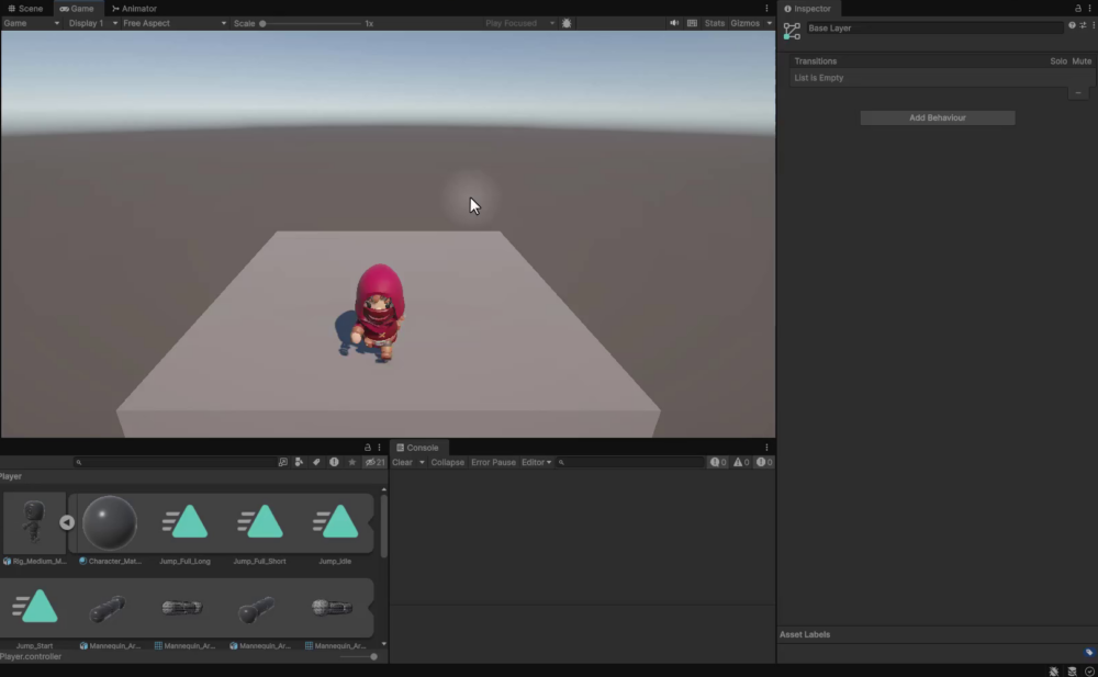 Unity Game view with the 3D character on a platform, confirming all idle, moving, and jump animations are working correctly after the lesson setup.