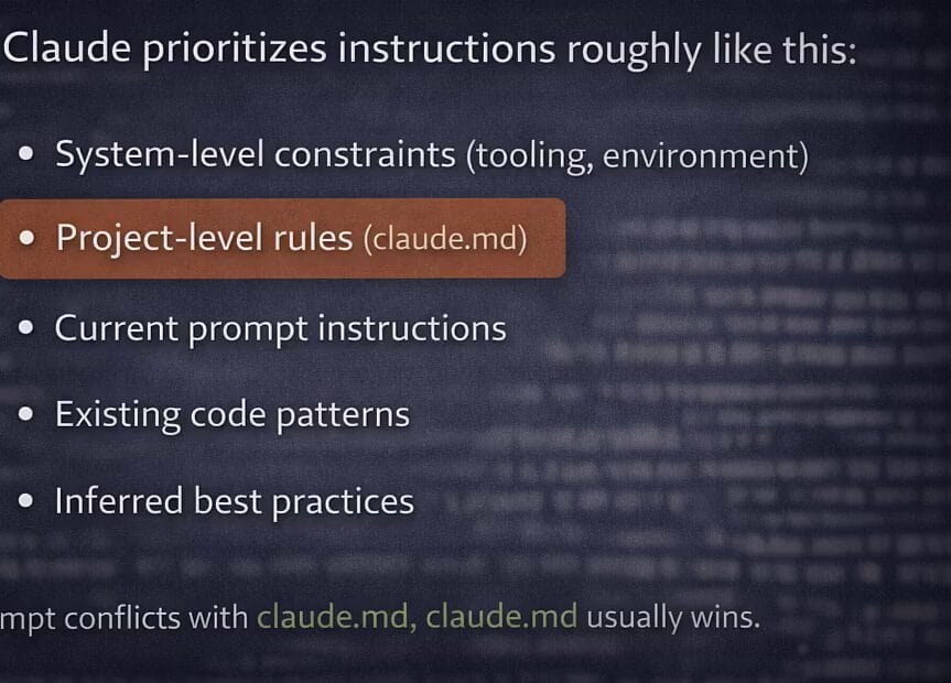 How to Write Claude Code Instructions With CLAUDE.md 21 Slide listing Claude's ordered instruction priorities: system-level constraints, project-level rules (claude.md), current prompt, existing code patterns, and inferred best practices.
