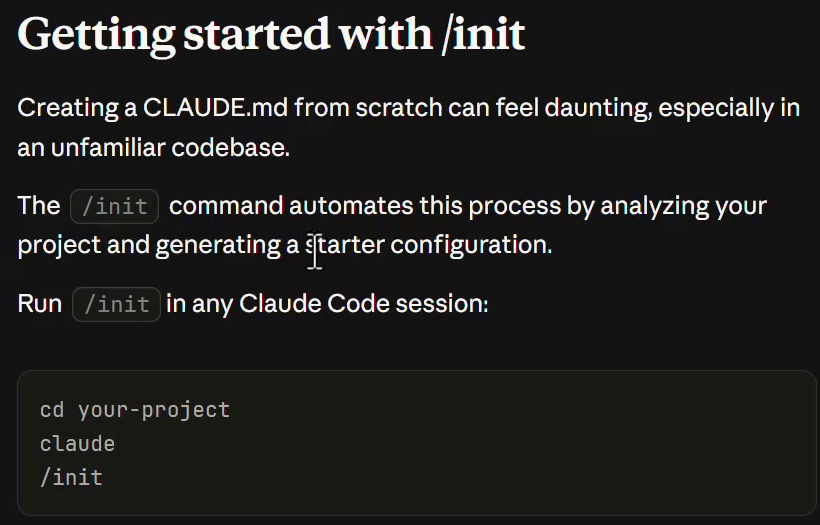 How to Write Claude Code Instructions With CLAUDE.md 24 Anthropic blog page showing the Getting started with /init section, with a code block listing the cd, claude, and /init commands.