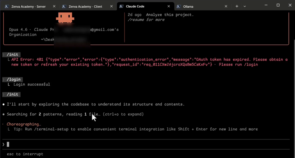 How to Write Claude Code Instructions With CLAUDE.md 25 VS Code Claude Code panel showing a successful /login followed by the /init command scanning the project files.