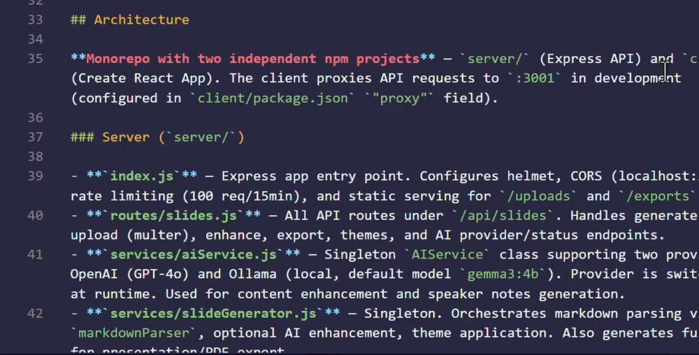 How to Write Claude Code Instructions With CLAUDE.md 27 CLAUDE.md Architecture section describing the monorepo with an Express server and React client, plus a breakdown of the server entry point, routes, and services.