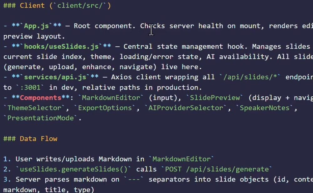 How to Write Claude Code Instructions With CLAUDE.md 28 CLAUDE.md Client section listing App.js, hooks, services, and components, alongside the Data Flow steps for generating slides.