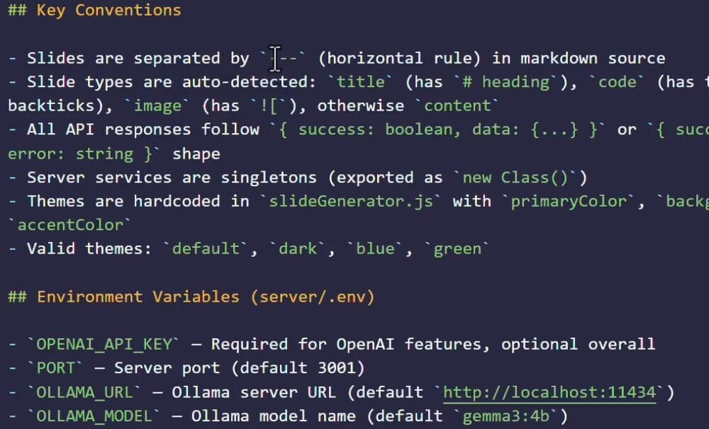 How to Write Claude Code Instructions With CLAUDE.md 29 CLAUDE.md Key Conventions section describing slide separators, response shapes, and themes, plus the Environment Variables list for the server.