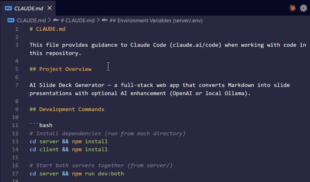 How to Write Claude Code Instructions With CLAUDE.md 26 Top of the generated CLAUDE.md file showing the Project Overview description and the Development Commands section with npm install, dev, and build commands.