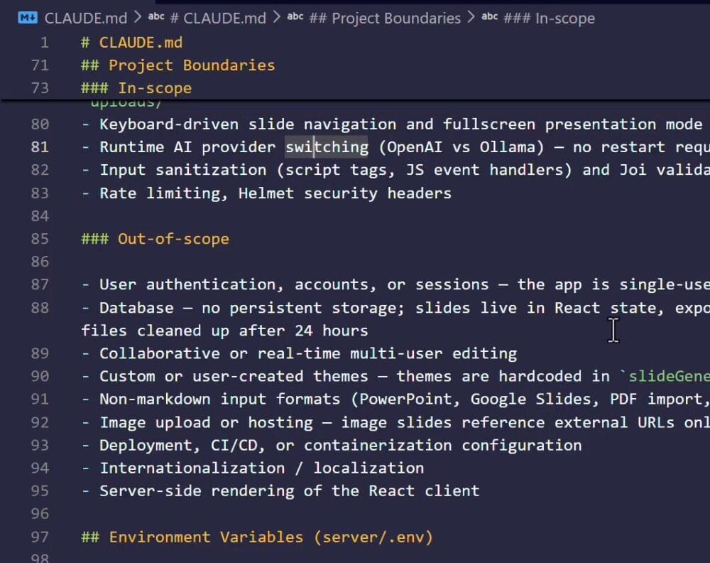 How to Write Claude Code Instructions With CLAUDE.md 31 CLAUDE.md Project Boundaries section listing in-scope features and out-of-scope items such as authentication and persistent storage.