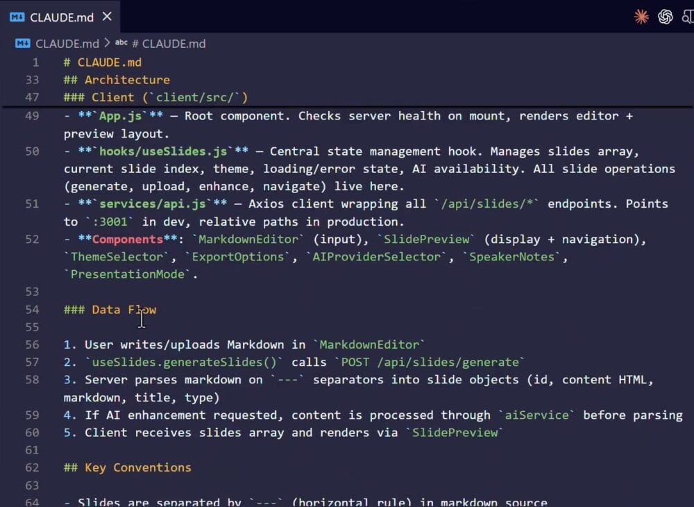 How to Write Claude Code Instructions With CLAUDE.md 32 VS Code showing the claude.md file with Architecture, Services, Data Flow, and Environment Variables sections before Environment Facts is added.
