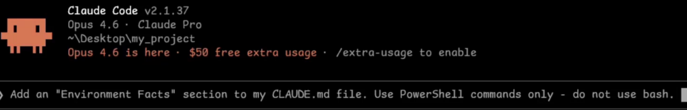 How to Write Claude Code Instructions With CLAUDE.md 33 Claude Code CLI in a terminal showing the prompt that asks Claude to add an Environment Facts section to claude.md using PowerShell only.
