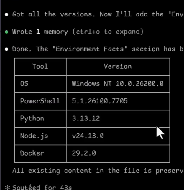 How to Write Claude Code Instructions With CLAUDE.md 34 Claude Code terminal output after running the prompt, listing the detected OS, PowerShell, Python, Node.js, and Docker versions.