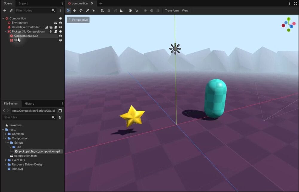 Godot editor Scene dock showing an Area3D node with a CollisionShape3D and a Star MeshInstance3D as children, next to the 3D viewport displaying the star and player capsule on a grid floor.
