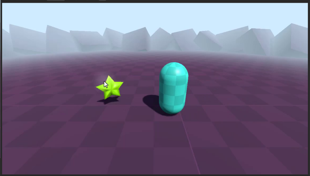 Godot 3D viewport showing a yellow star pickup and a teal player capsule on a purple grid floor with foggy mountains in the distance.