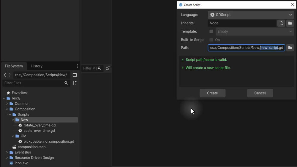 Godot Create Script dialog open on top of the editor, with the FileSystem dock showing a new scripts folder containing rotate_over_time.gd and scale_over_time.gd.